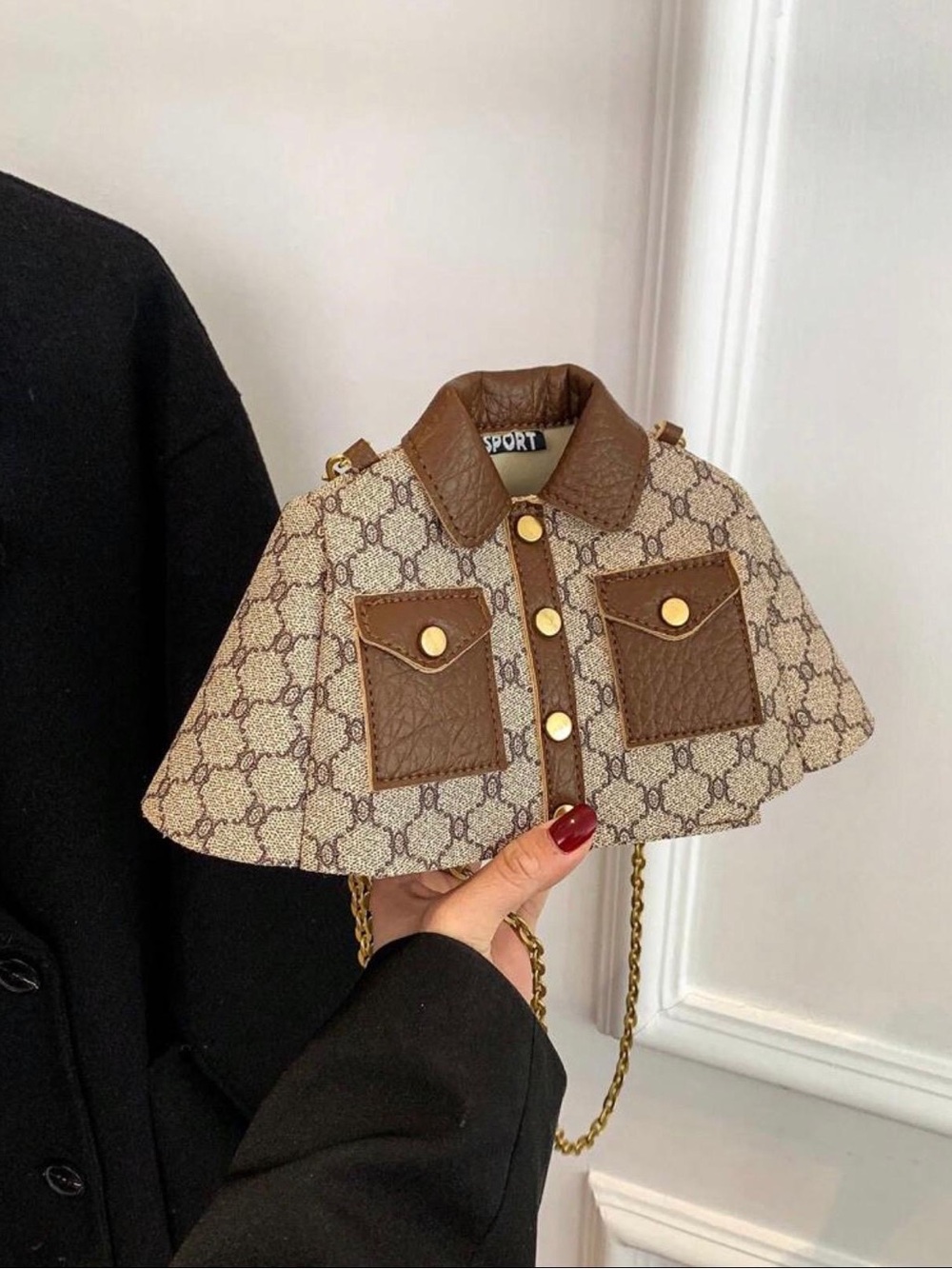 Brown Patterned Mini Chain Shoulder Bag